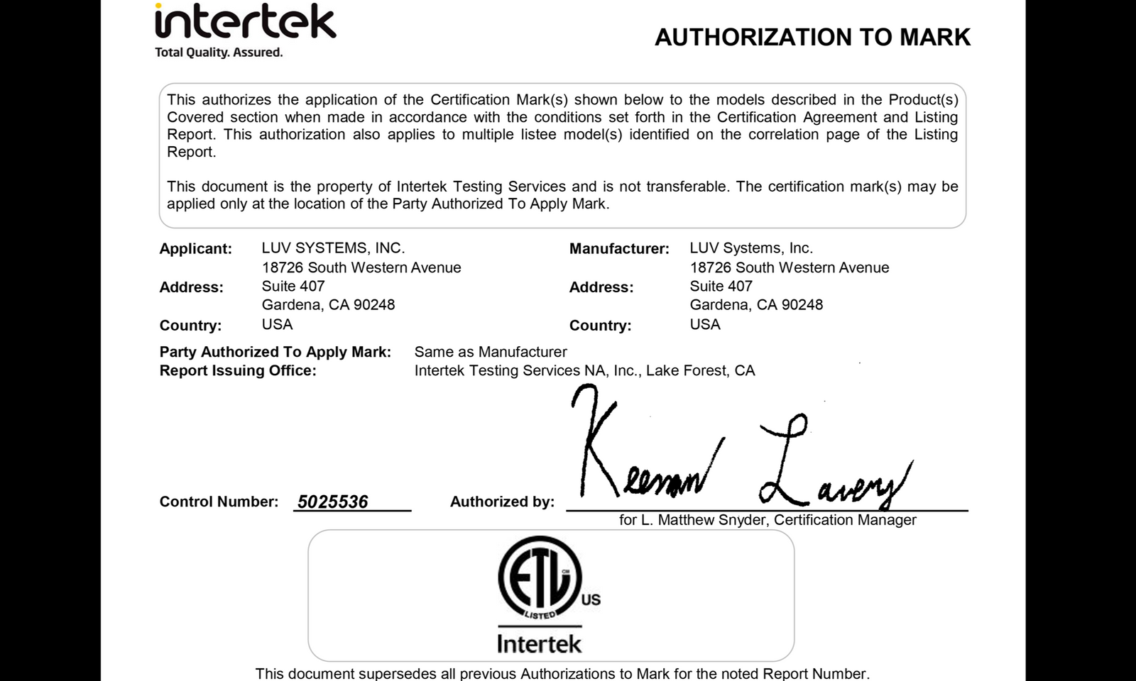 Intertek UL/ETL/ATM Certification